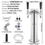 VEVOR Kegerator Tower Kit, Dual Taps Beer Conversion Kit, Stainless Steel Keg Beer Tower Dispenser with Dual Gauge W21.8 Regulator & A-System Keg Coupler, Beer Drip Tray for Party Home - Close-Up Angle