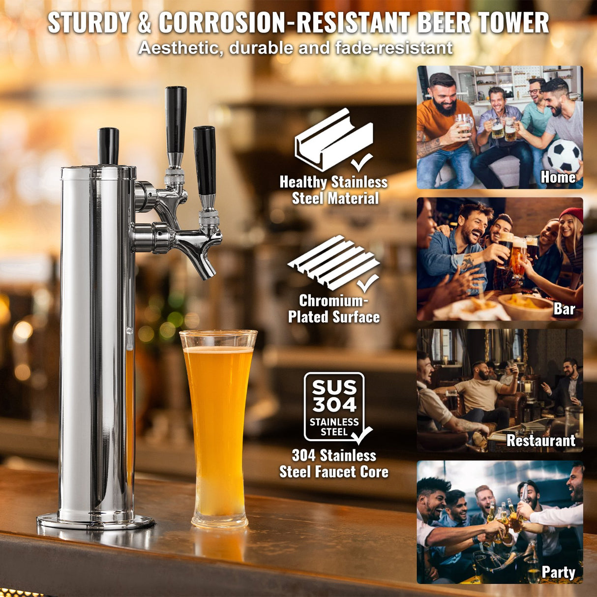 VEVOR Triple Taps Draft Beer Tower Dispenser, Stainless Steel Keg Beer Tower, Kegerator Tower Kit wi
