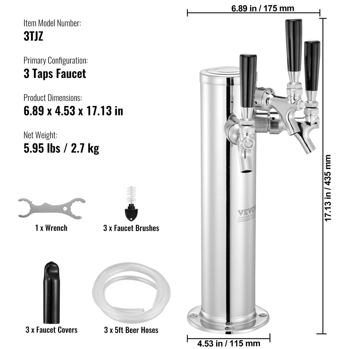 VEVOR Triple Taps Draft Beer Tower Dispenser, Stainless Steel Keg Beer Tower, Kegerator Tower Kit wi