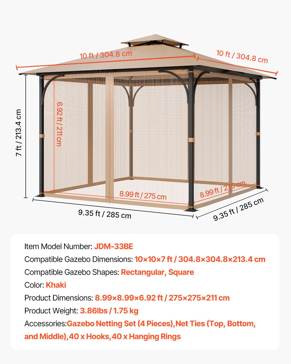 Gazebo Netting Replacement, Fit Most 10 x 10 x 7 FT Gazebo Curtain, Outdoor Garden Net, 4-Panel Sidewall Mesh Net, Patio Midge Netting with Double Zipper, Canopy Screen (Netting Only)
