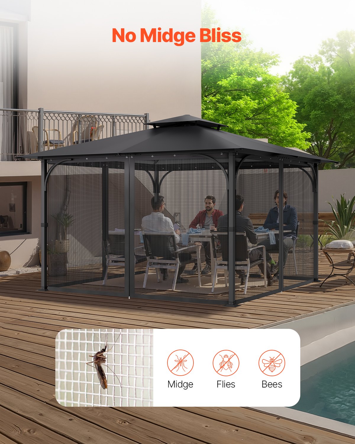 Gazebo Netting Replacement, Fit Most 12 x 12 x 7.5 FT Gazebo Curtain, Outdoor Garden Net, 4-Panel Sidewall Mesh Net, Patio Midge Netting with Double Zipper, Canopy Screen (Netting Only)