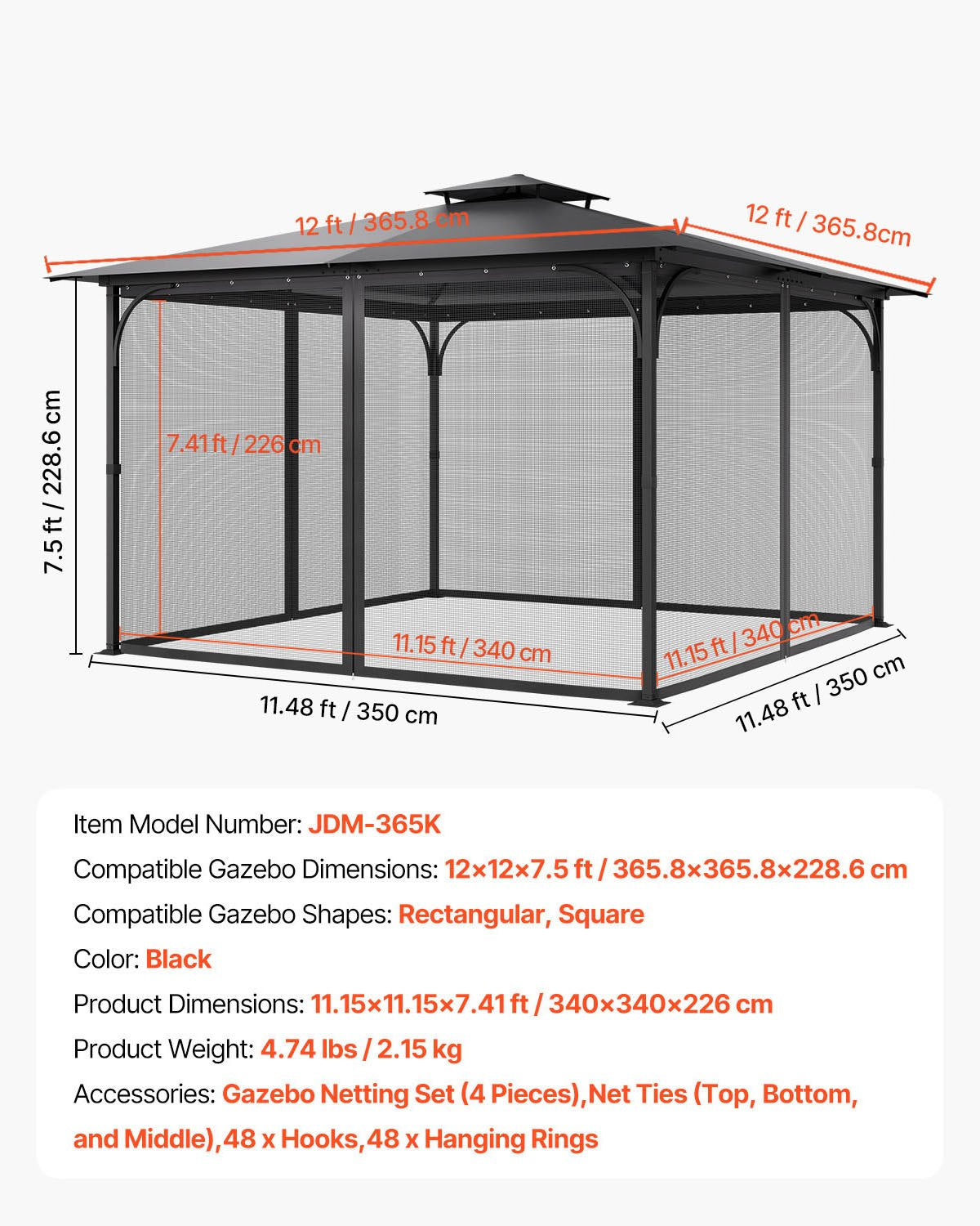 VEVOR Gazebo Netting Replacement, Fit Most 12 x 12 x 7.5 FT Gazebo Curtain, Outdoor Garden Net, 4-Panel Sidewall Mesh Net, Patio Midge Netting with Double Zipper, Canopy Screen (Netting Only)