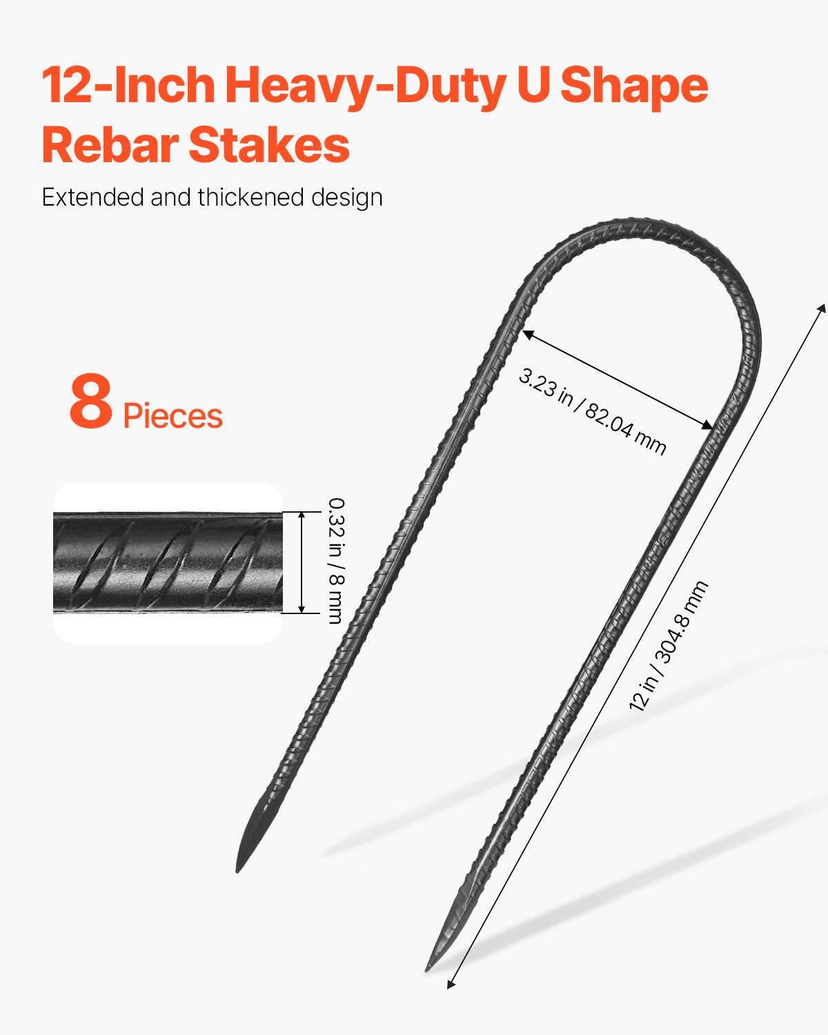 VEVOR 304.8 mm 8 Pack Rebar Stakes Heavy Duty U Shape Galvanized Ground Anchors