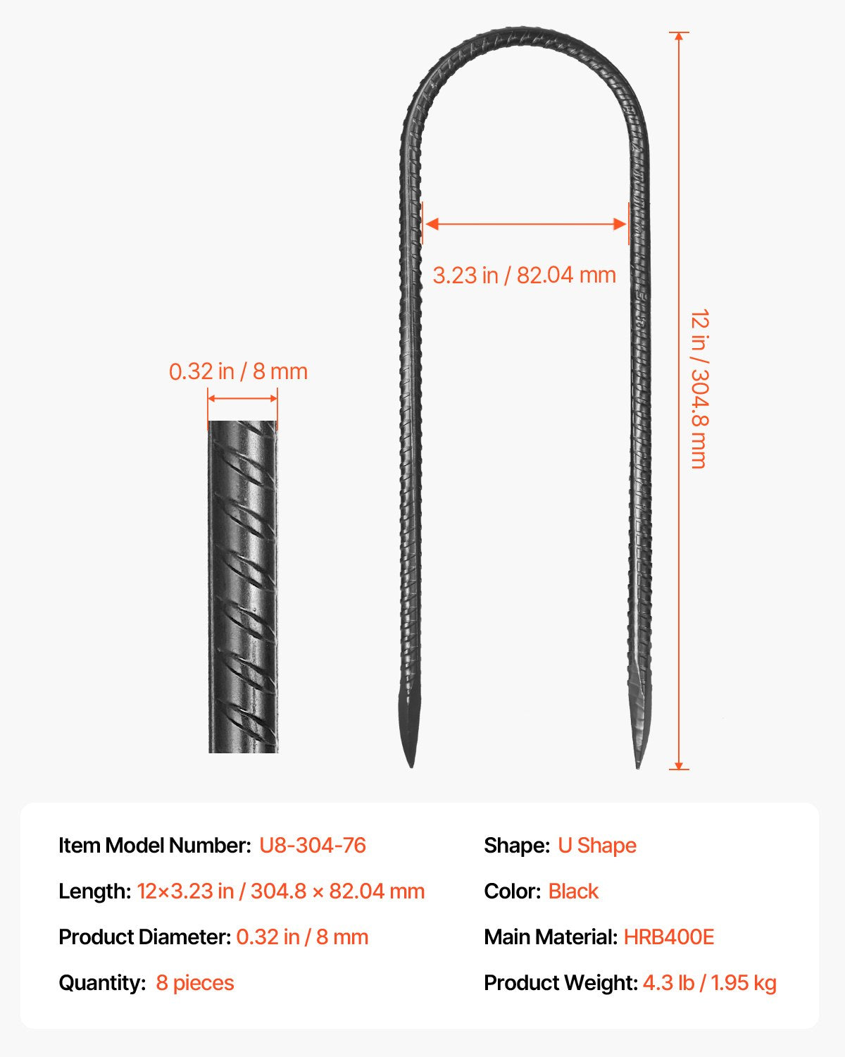 VEVOR 304.8 mm 8 Pack Rebar Stakes Heavy Duty U Shape Galvanized Ground Anchors