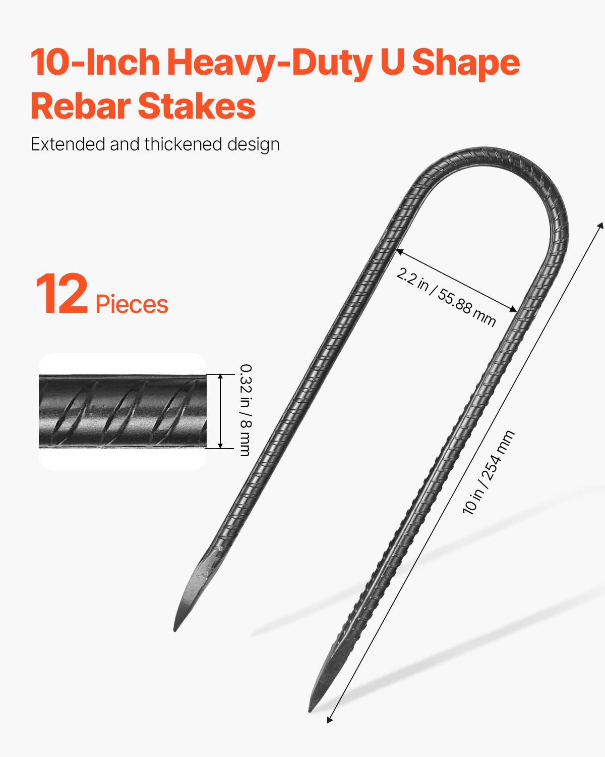 VEVOR 254 mm 12 Pack Rebar Stakes Heavy Duty U Shape Galvanized Ground Anchors