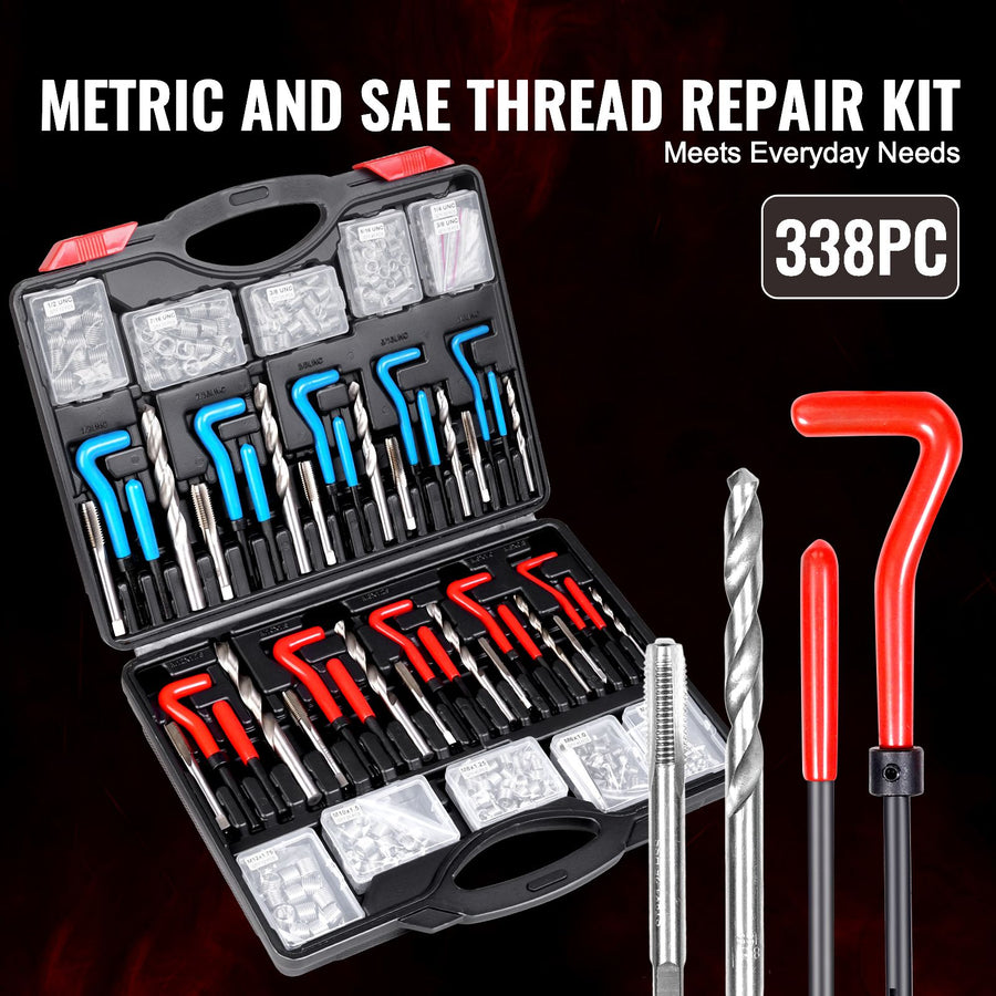 Helicoil Thread Repair Kit, 338-Piece SAE and Metric Rethreading Tool Kit, M5, M6, M8, M10, M12, 1/4", 5/16", 3/8", 7/16", 1/2", HSS Drill Bits Thread Inserts Taps Breakoff Installation Tools