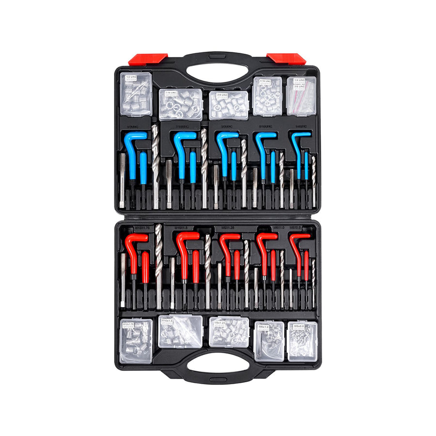 Helicoil Thread Repair Kit, 338-Piece SAE and Metric Rethreading Tool Kit, M5, M6, M8, M10, M12, 1/4", 5/16", 3/8", 7/16", 1/2", HSS Drill Bits Thread Inserts Taps Breakoff Installation Tools