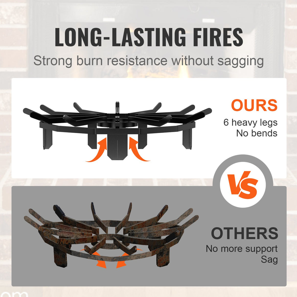 VEVOR Log Grate, 27 inch Heavy Duty Wheel Fire Grate with 6 Support Legs, Solid Powder-coated Steel Bars, Log Firewood Burning Rack Holder for Wood