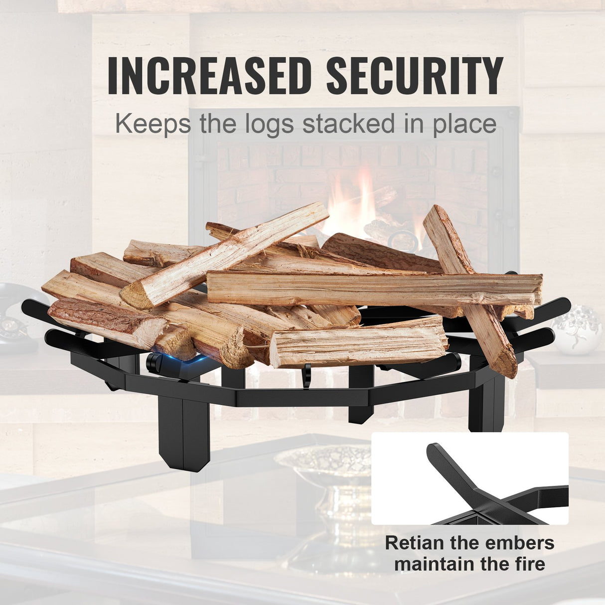 VEVOR Log Grate, 27 inch Heavy Duty Wheel Fire Grate with 6 Support Legs, Solid Powder-coated Steel Bars, Log Firewood Burning Rack Holder for Wood