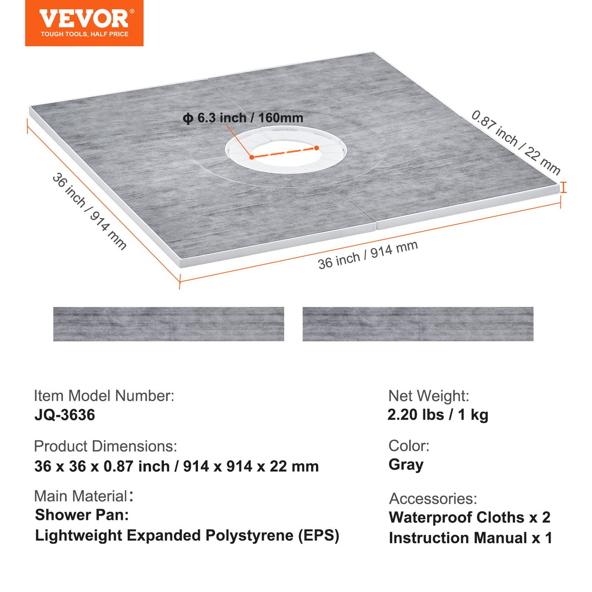 VEVOR Shower Curb Kit, 914x914mm Shower Pan Kit with 160mm Central Drain, Lightweight EPS Shower Installation Kits with 2 Waterproof Cloths, Shower
