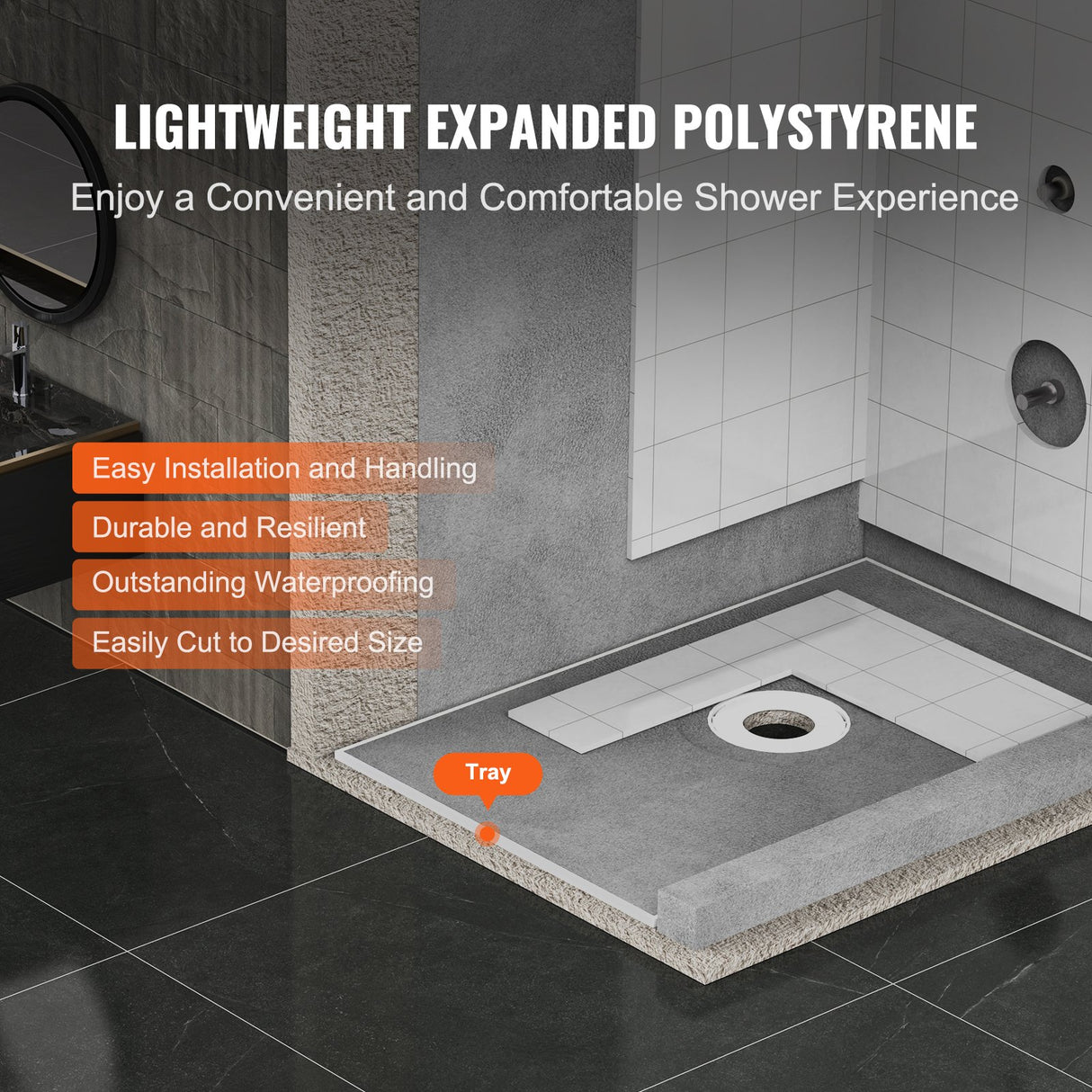 VEVOR Shower Curb Kit, 1219x1828mm Shower Pan Kit with 160mm Central Drain, Lightweight EPS Shower Installation Kits with 2 Waterproof Cloths, Shower