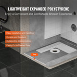 Shower Curb Kit, 1524x965mm Shower Pan Kit with 160mm Central Drain, Lightweight EPS Shower Installation Kits with 2 Waterproof Cloths, Shower Pan Slope Sticks Fit for Bathroom
