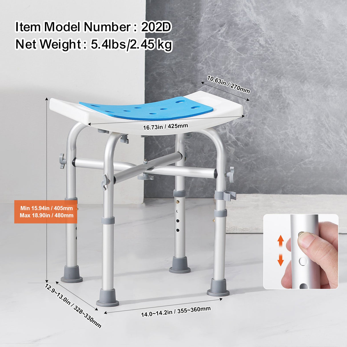 VEVOR Shower Chair, Adjustable Height Shower Stool with Crossbar Support, Shower Seat for Inside Shower or Tub, Non-Slip Bench Bathtub Stool Seat for Elderly Disabled Handicap, 226.8 kg Capacity
