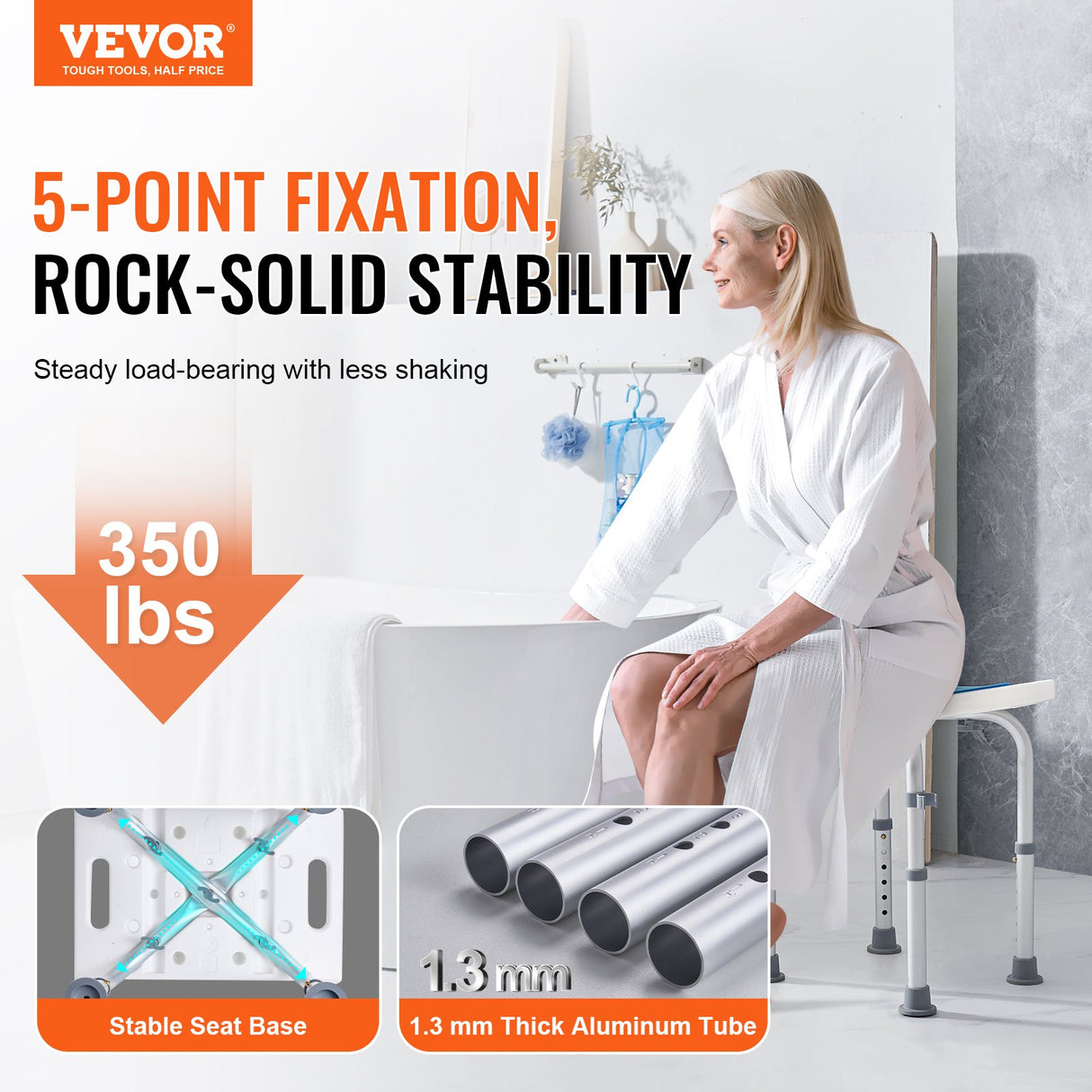 VEVOR Shower Chair, Adjustable Height Shower Stool, Shower Seat for Inside Shower or Tub, Non-Slip Bench Bathtub Stool Seat for Elderly Disabled Handicap, 158.8 kg Capacity