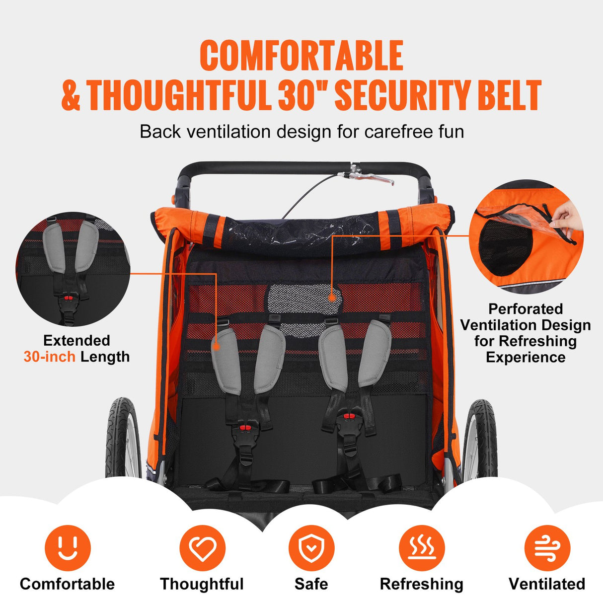 VEVOR Bike Trailer for Toddlers, Kids, Double Seat, 40 kg Load, 2-In-1 Canopy Carrier Converts to Stroller, Tow Behind Foldable Child Bicycle Trailer