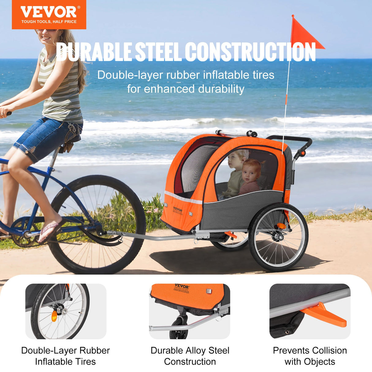 VEVOR Bike Trailer for Toddlers, Kids, Double Seat, 45 kg Load, 2-In-1 Canopy Carrier Converts to Stroller, Tow Behind Foldable Child Bicycle Trailer