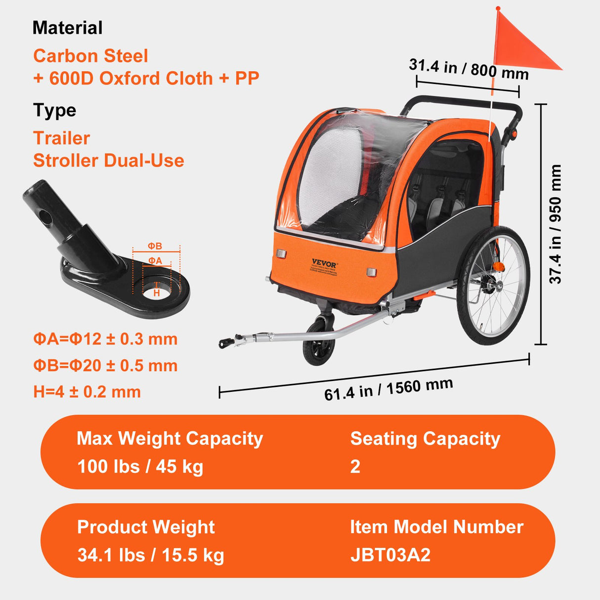 VEVOR Bike Trailer for Toddlers, Kids, Double Seat, 45 kg Load, 2-In-1 Canopy Carrier Converts to Stroller, Tow Behind Foldable Child Bicycle Trailer