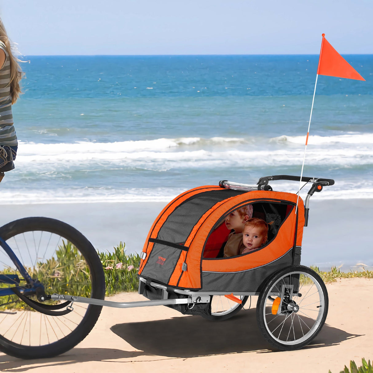 VEVOR Bike Trailer for Toddlers, Kids, Double Seat, 45 kg Load, 2-In-1 Canopy Carrier Converts to Stroller, Tow Behind Foldable Child Bicycle Trailer