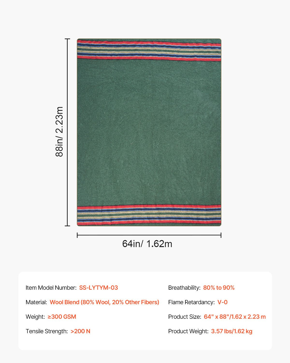 VEVOR Wool Camping Blanket 1.62 m x 2.23 m for Camping Hiking Travel Texture