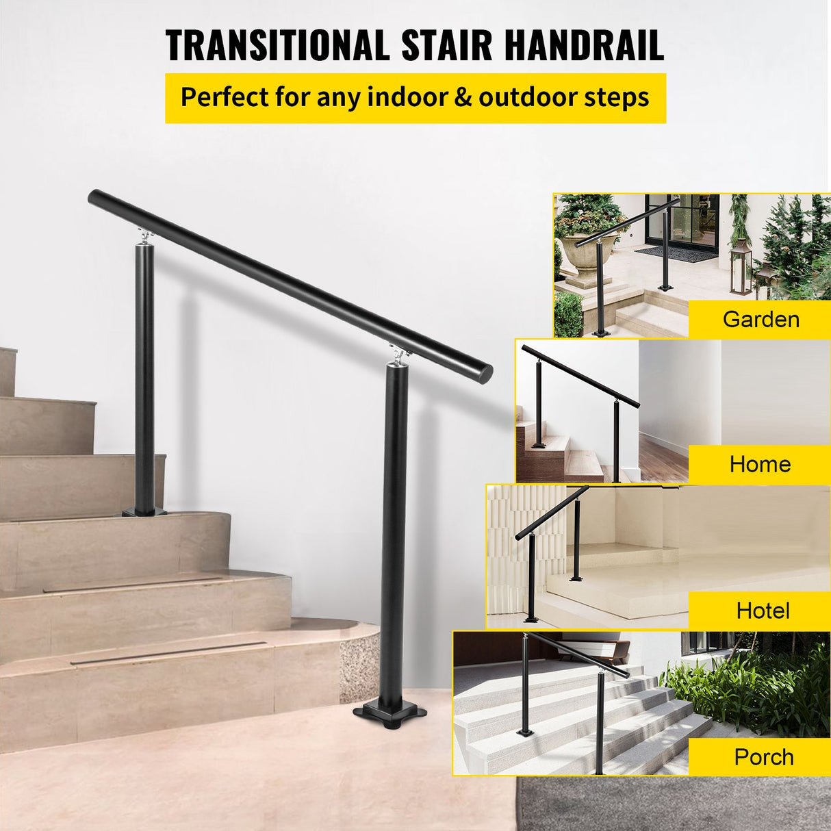 VEVOR Handrail Outdoor Stairs, 3ft, 34 Inch Outdoor Handrail, Outdoor Stair Railing Adjustable from 0 to 60 Degrees Handrail for Stairs Outdoor Black Aluminum Stair Railing for Garden, Office Area