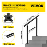 VEVOR Handrail Outdoor Stairs, 3ft, 34 Inch Outdoor Handrail, Outdoor Stair Railing Adjustable from 0 to 60 Degrees Handrail for Stairs Outdoor Black Aluminum Stair Railing for Garden, Office Area - Close-Up Angle