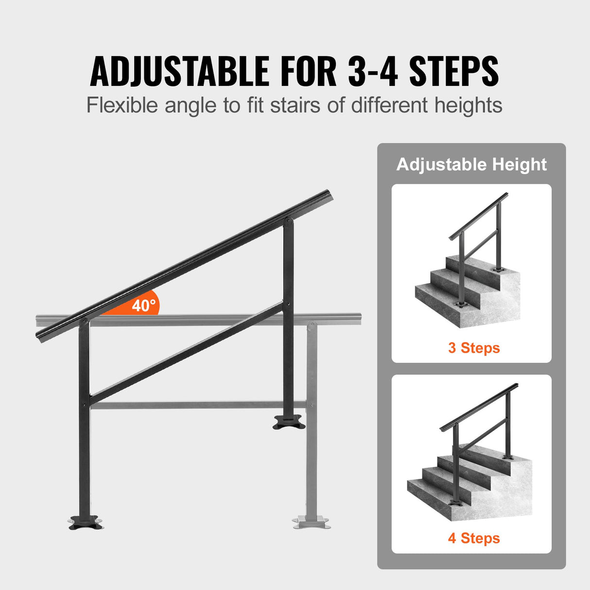 VEVOR Handrail Outdoor Stairs 47.6 X 35.2 Inch Outdoor Handrail Outdoor Stair Railing Adjustable from 0 to 30 Degrees Handrail for Stairs Outdoor Aluminum Black Stair Railing Fit 3-4 Steps