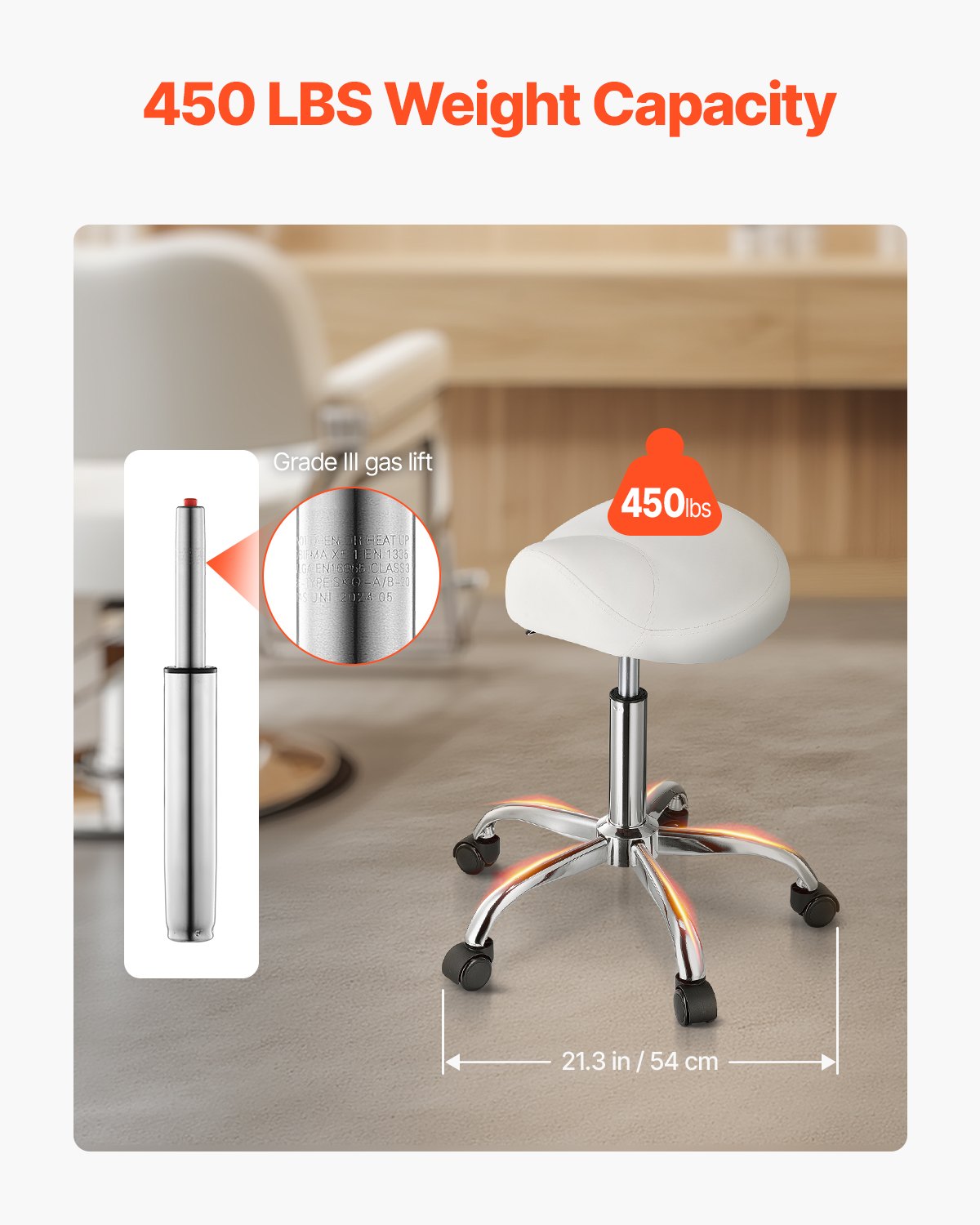 Saddle Rolling Stool, PU Leather Rolling Stool with Wheels, 360° Swivel Drafting Stool with Thickened Cushion, Height Adjustable Rolling Work SPA Stool, for Office, Home, Salon & Bar, White
