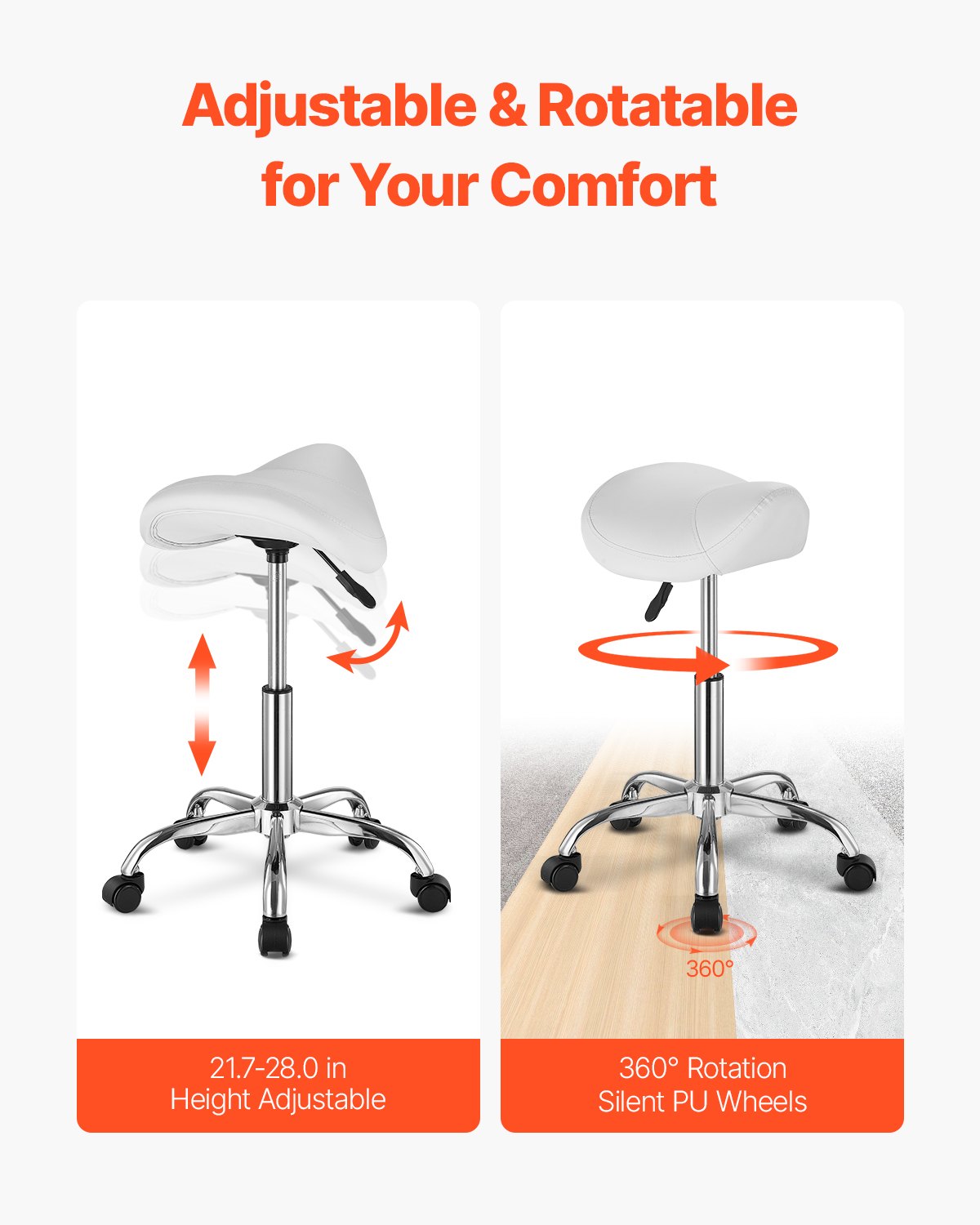 Saddle Rolling Stool, PU Leather Rolling Stool with Wheels, 360° Swivel Drafting Stool with Thickened Cushion, Height Adjustable Rolling Work SPA Stool, for Office, Home, Salon & Bar, White