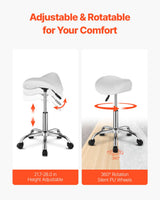 Saddle Rolling Stool, PU Leather Rolling Stool with Wheels, 360° Swivel Drafting Stool with Thickened Cushion, Height Adjustable Rolling Work SPA Stool, for Office, Home, Salon & Bar, White