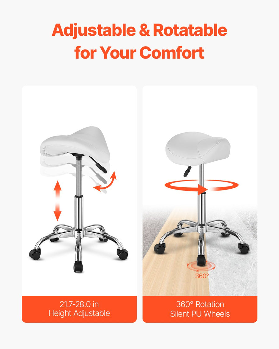 Saddle Rolling Stool, PU Leather Rolling Stool with Wheels, 360° Swivel Drafting Stool with Thickened Cushion, Height Adjustable Rolling Work SPA Stool, for Office, Home, Salon & Bar, White