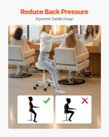 Saddle Rolling Stool, PU Leather Rolling Stool with Wheels, 360° Swivel Drafting Stool with Thickened Cushion, Height Adjustable Rolling Work SPA Stool, for Office, Home, Salon & Bar, White - 45-Degree Angle