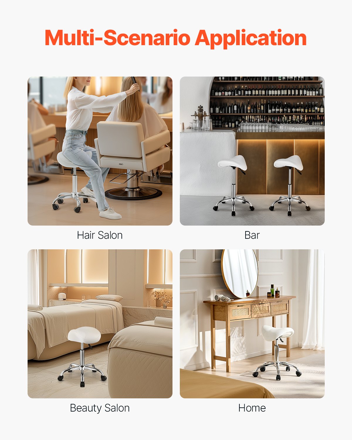Saddle Rolling Stool, PU Leather Rolling Stool with Wheels, 360° Swivel Drafting Stool with Thickened Cushion, Height Adjustable Rolling Work SPA Stool, for Office, Home, Salon & Bar, White