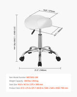 Saddle Rolling Stool, PU Leather Rolling Stool with Wheels, 360° Swivel Drafting Stool with Thickened Cushion, Height Adjustable Rolling Work SPA Stool, for Office, Home, Salon & Bar, White