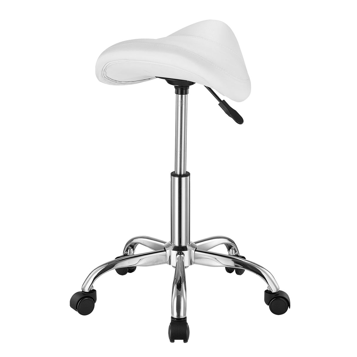 Saddle Rolling Stool, PU Leather Rolling Stool with Wheels, 360° Swivel Drafting Stool with Thickened Cushion, Height Adjustable Rolling Work SPA Stool, for Office, Home, Salon & Bar, White