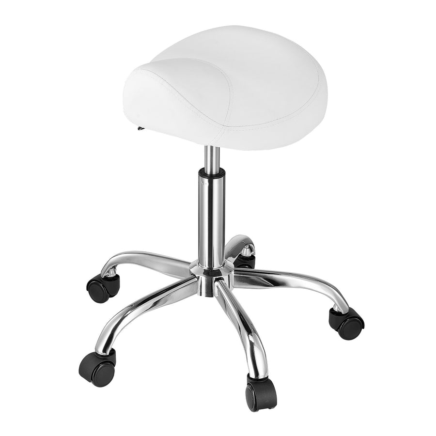 Saddle Rolling Stool, PU Leather Rolling Stool with Wheels, 360° Swivel Drafting Stool with Thickened Cushion, Height Adjustable Rolling Work SPA Stool, for Office, Home, Salon & Bar, White