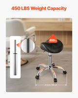 Saddle Rolling Stool, PU Leather Rolling Stool with Wheels, 360° Swivel Drafting Stool with Thickened Cushion, Height Adjustable Rolling Work SPA Stool, for Office, Home, Salon & Bar, Black - Side View