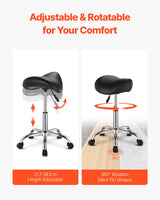 Saddle Rolling Stool, PU Leather Rolling Stool with Wheels, 360° Swivel Drafting Stool with Thickened Cushion, Height Adjustable Rolling Work SPA Stool, for Office, Home, Salon & Bar, Black - Top-Down View