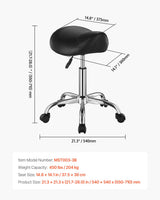 Saddle Rolling Stool, PU Leather Rolling Stool with Wheels, 360° Swivel Drafting Stool with Thickened Cushion, Height Adjustable Rolling Work SPA Stool, for Office, Home, Salon & Bar, Black - Close-Up Angle