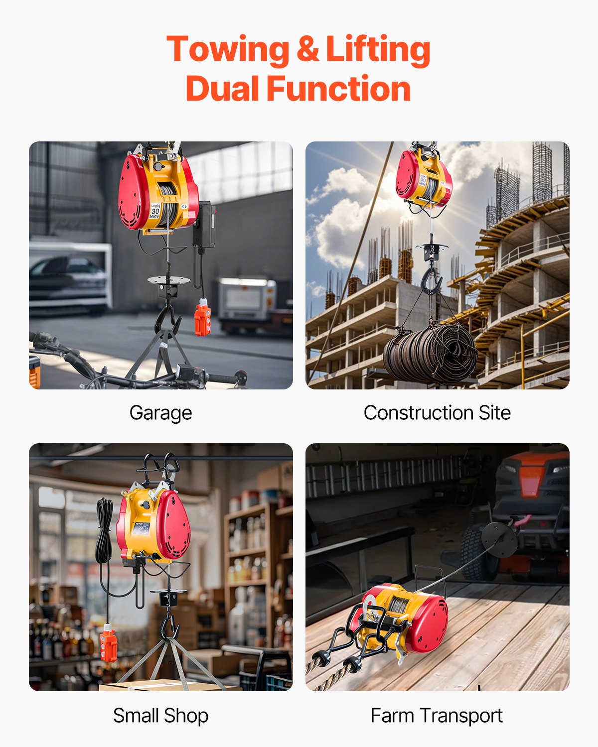VEVOR 2-in-1 Electric Hoist Winch, 500 KG Capacity, 1800W Portable Power Winch, 30 m Lifting Height, 11 m/min with Wire and Wireless Remote Control, for Garage, Warehouse, Factory Lifting Towing