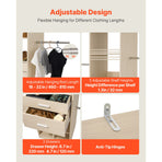 Closet System with 2 Drawers, Adjustable Height Wooden Closet Organizers, Modern Walk-in Wardrobe Organization with 5 Retractable Clothes Hanger Rods, Freestanding Garment Rack Storage, Grey