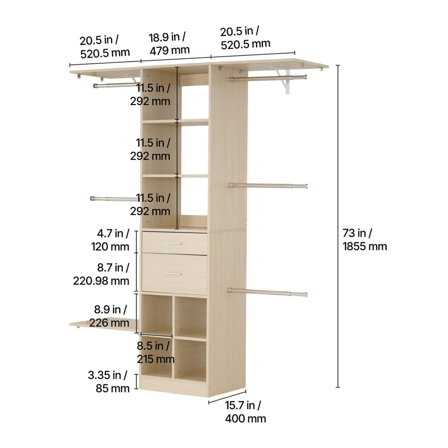 Closet System with 2 Drawers, Adjustable Height Wooden Closet Organizers, Modern Walk-in Wardrobe Organization with 5 Retractable Clothes Hanger Rods, Freestanding Garment Rack Storage, Grey