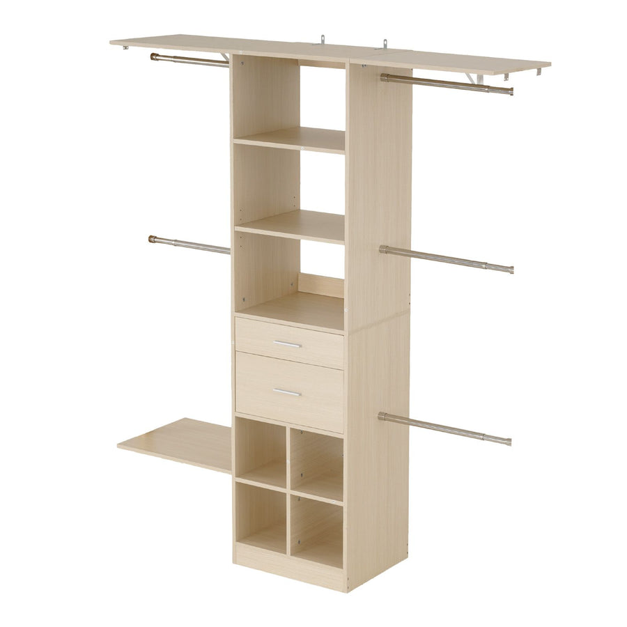 Closet System with 2 Drawers, Adjustable Height Wooden Closet Organizers, Modern Walk-in Wardrobe Organization with 5 Retractable Clothes Hanger Rods, Freestanding Garment Rack Storage, Grey