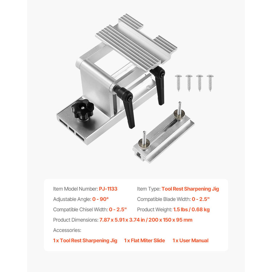 Sharpening Tool Rest Jig, Adjustable Replacement Tool Rest Sharpening Jig for 6" or 8" (152 mm or 203 mm) Bench Grinders – with Flat Miter Slide for 0–2.5 inch (0–64 mm) Wide Blades and Chisels