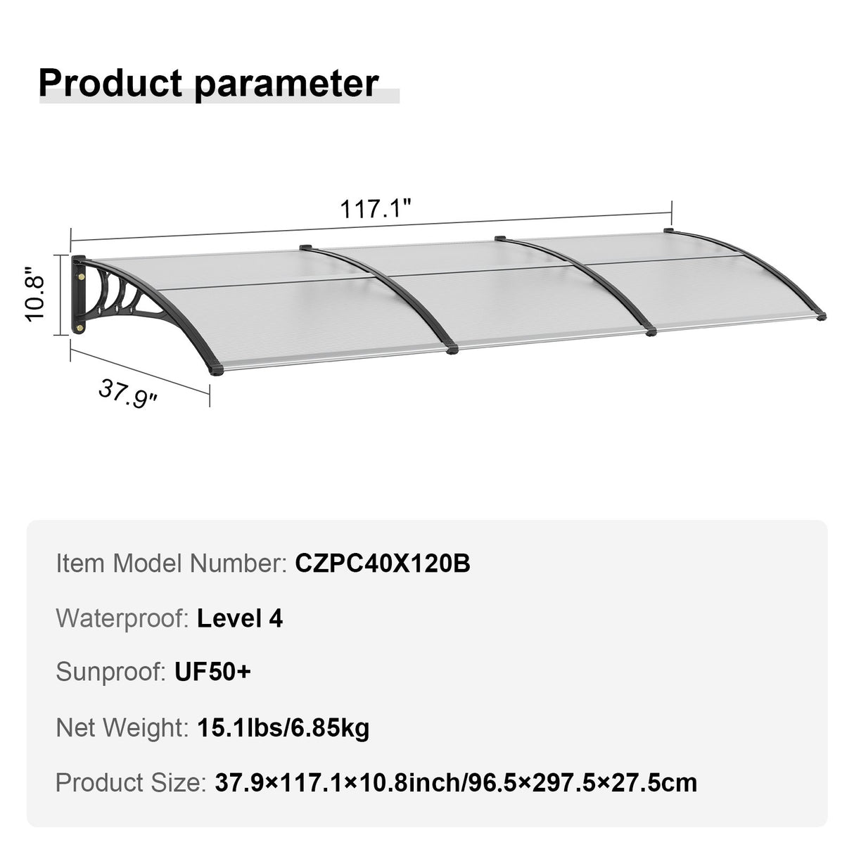 VEVOR Window Door Awning Canopy, 965 x 2975mm Door Canopy Exterior, UF50+ PC Sunshade Sheet Awnings, Outdoor Patio Awning Sun Shade, Transparent, Waterproof, for Sun Shutter, UV, Rain, Snow Protection