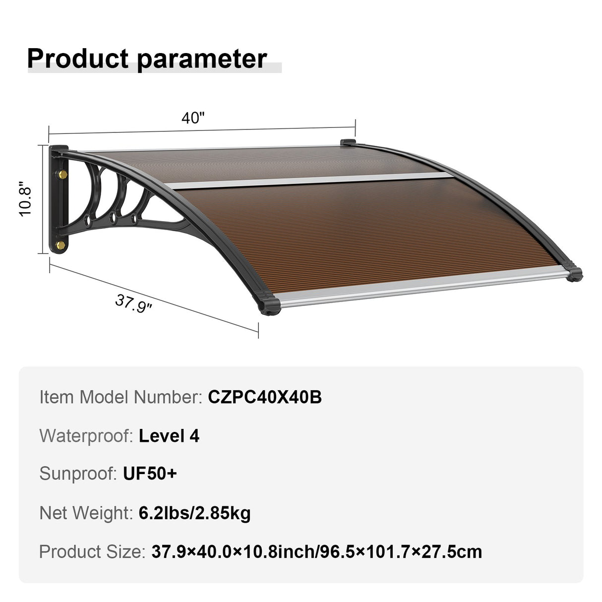 VEVOR Window Door Awning Canopy 40" x 40", UPF 50+ Polycarbonate Entry Door Outdoor Window Awning Exterior, Front Door Overhang Awning for Sun Shutter