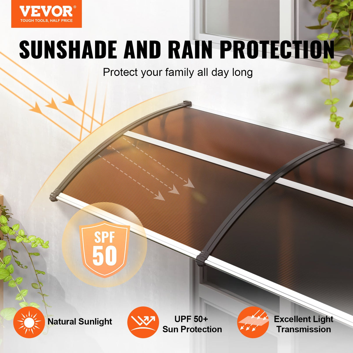 VEVOR Window Door Awning Canopy 965 x 1987 mm, UPF 50+ Polycarbonate Entry Door Outdoor Window Awning Exterior, Front Door Overhang Awning for Sun
