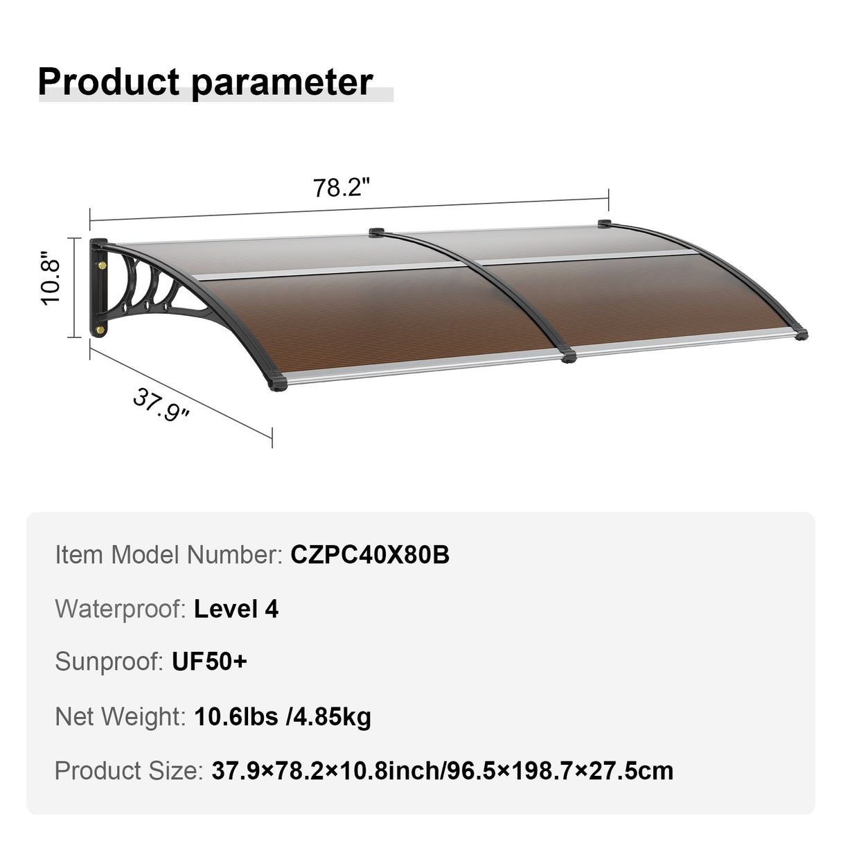 VEVOR Window Door Awning Canopy 965 x 1987 mm, UPF 50+ Polycarbonate Entry Door Outdoor Window Awning Exterior, Front Door Overhang Awning for Sun