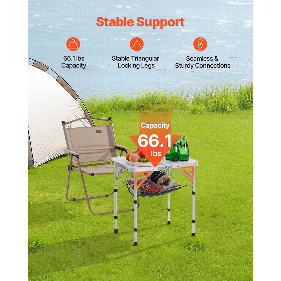 Folding Camping Table, Adjustable Height Portable Side Tables, Aluminum MDF Beach Table with Mesh Layer, Carrying Handle, Lightweight Compact for Outdoor Picnic BBQ Cooking, 24x16in, Silver