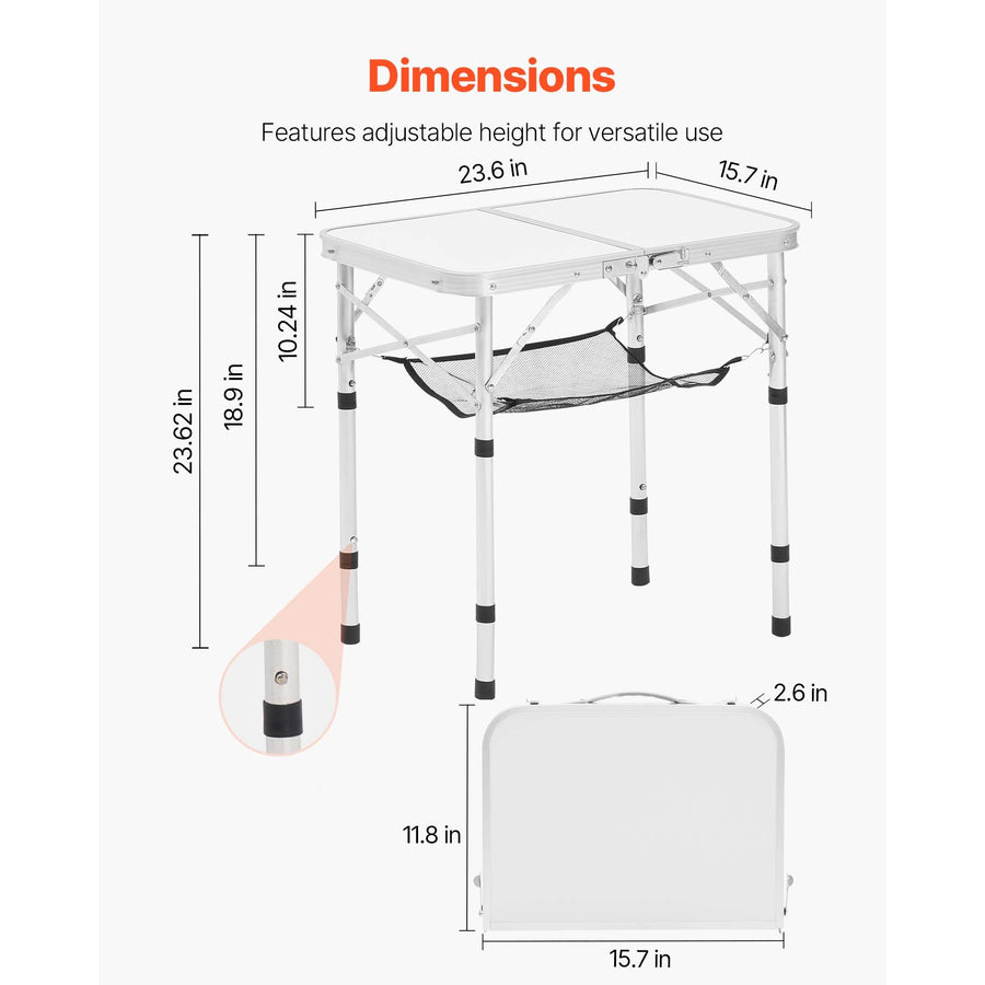 Folding Camping Table, Adjustable Height Portable Side Tables, Aluminum MDF Beach Table with Mesh Layer, Carrying Handle, Lightweight Compact for Outdoor Picnic BBQ Cooking, 24x16in, Silver
