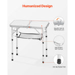 Folding Camping Table, Adjustable Height Portable Side Tables, Aluminum MDF Beach Table with Mesh Layer, Carrying Handle, Lightweight Compact for Outdoor Picnic BBQ Cooking, 24x16in, Silver